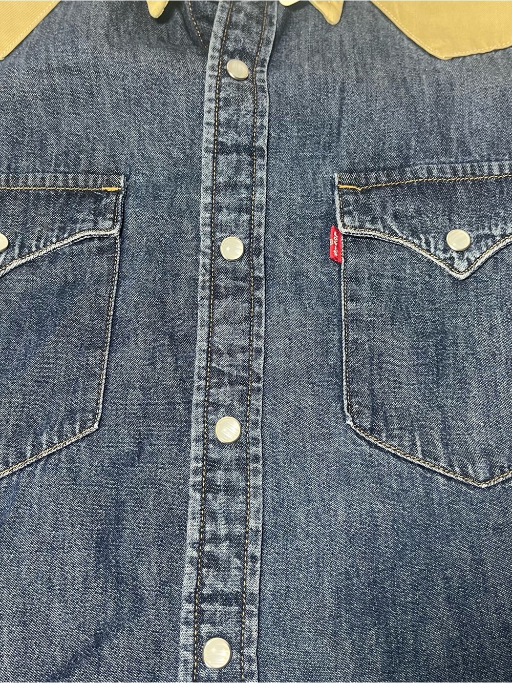 Levi’s Mens Small Pearl Snap Blue Beige Denim Harlem Rodeo Western Shirt Horses - Picture 11 of 13
